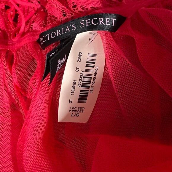 Victoria's Secret 2-Pc Neon Pink Sheer/Lace/Lace Up Babydoll Size Lg NWT - Picture 8 of 13